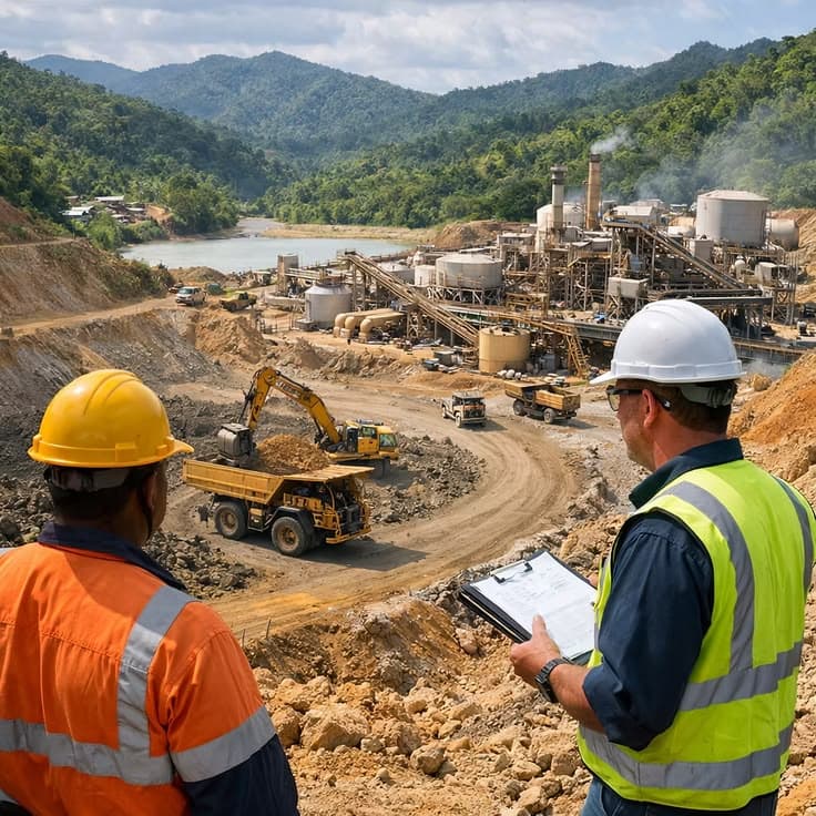 Engineers overlooking an active mine and processing plant